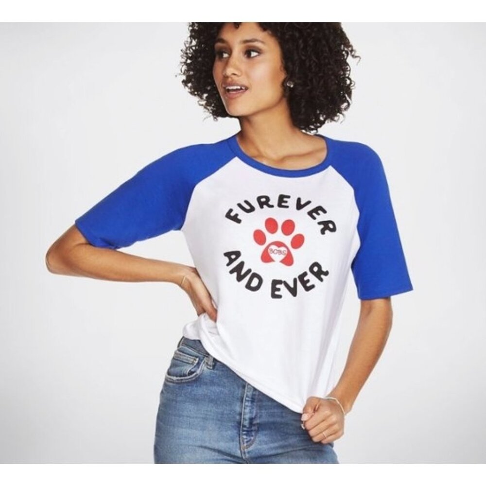 BOBS Skechers Furever Raglan Royal Ivory Paw Print Animal Dog Cat Baseball Tee